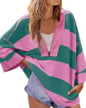 utcoco Oversized Sweatshirt for Women Striped Half Zip Long Sleeve Shirts Hoodies Color Block Preppy Y2K Tops