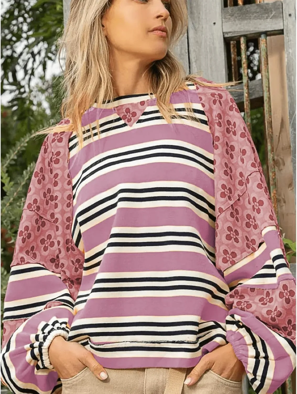 utcoco Oversized Sweatshirt for Women Striped Patchwork Floral Long Sleeve Shirts Hoodies Preppy Tops Y2K Outfits