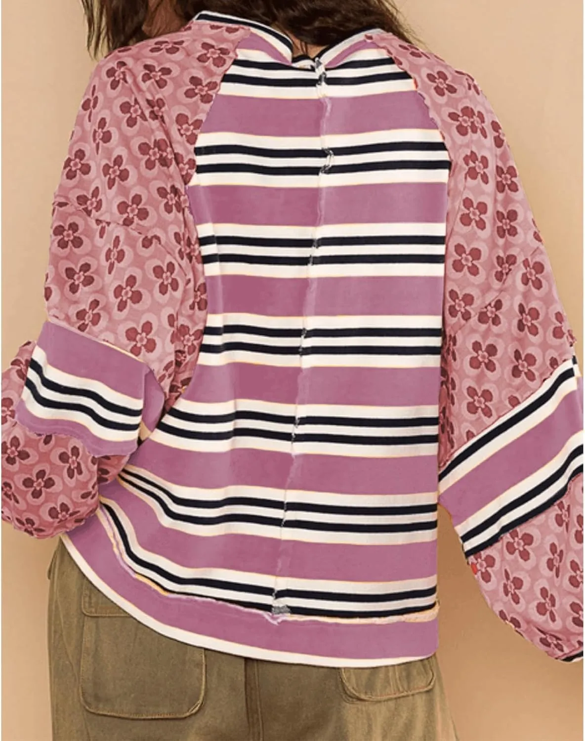 utcoco Oversized Sweatshirt for Women Striped Patchwork Floral Long Sleeve Shirts Hoodies Preppy Tops Y2K Outfits