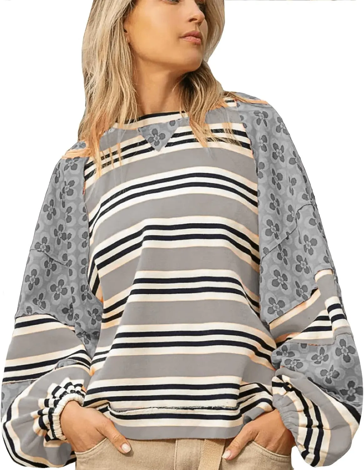 utcoco Oversized Sweatshirt for Women Striped Patchwork Floral Long Sleeve Shirts Hoodies Preppy Tops Y2K Outfits
