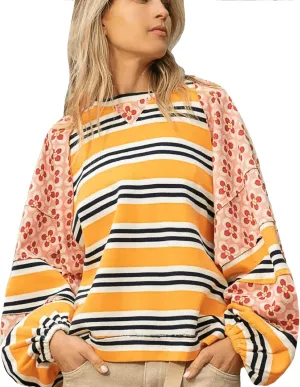 utcoco Oversized Sweatshirt for Women Striped Patchwork Floral Long Sleeve Shirts Hoodies Preppy Tops Y2K Outfits
