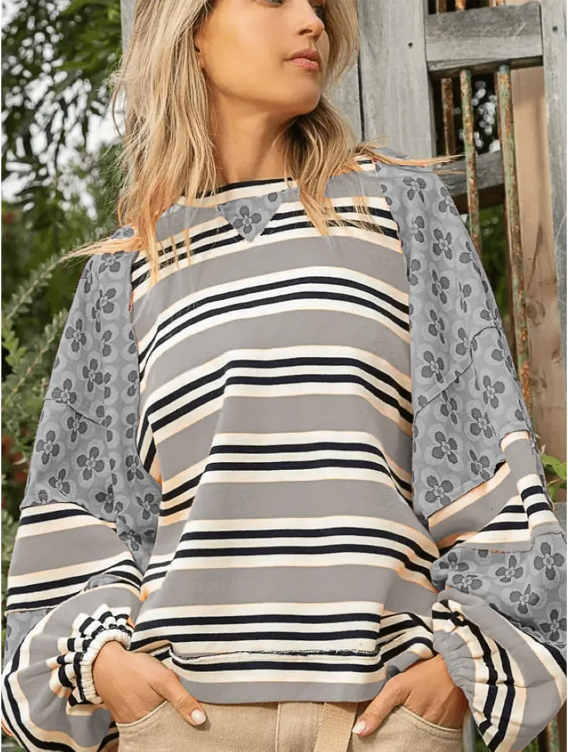 utcoco Oversized Sweatshirt for Women Striped Patchwork Floral Long Sleeve Shirts Hoodies Preppy Tops Y2K Outfits