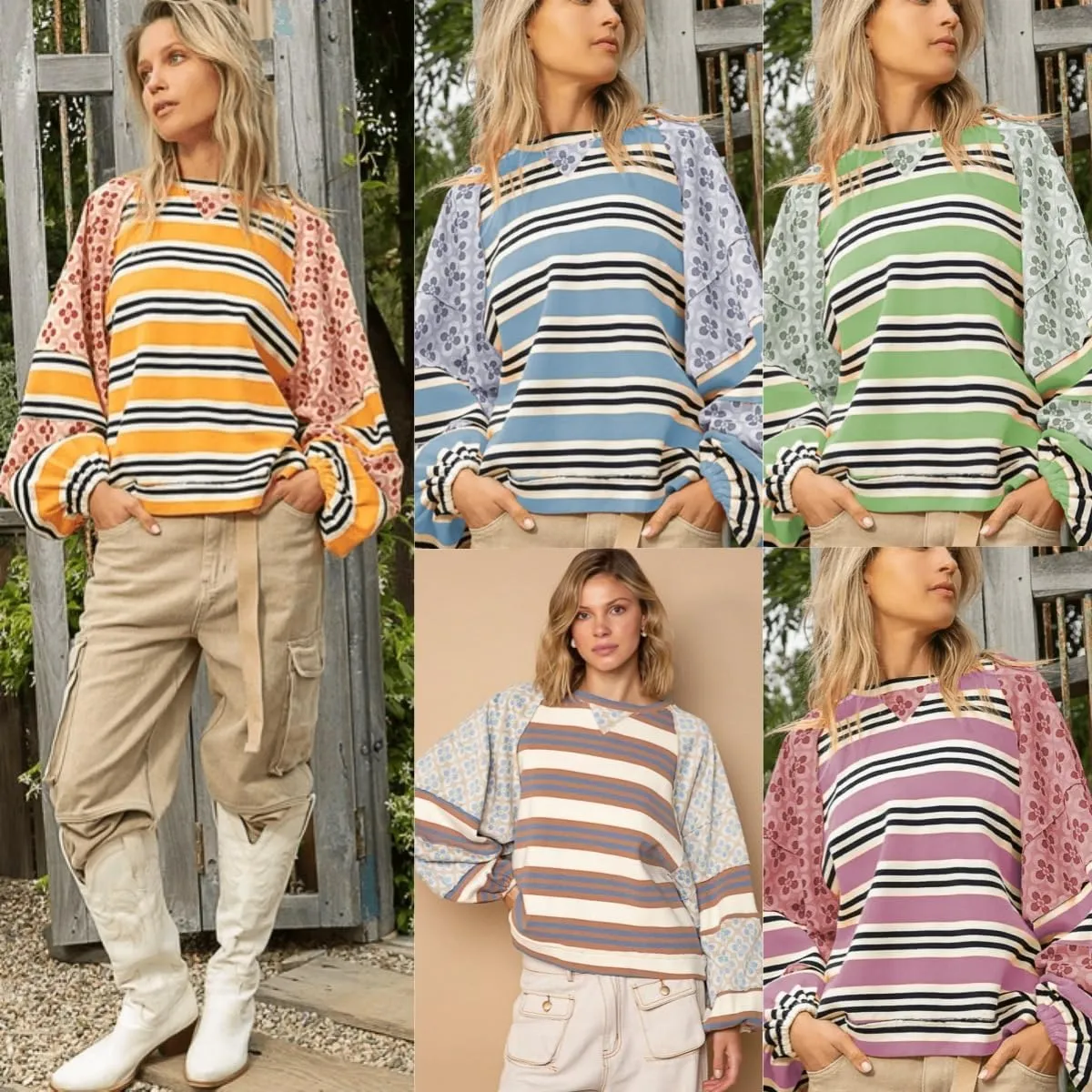 utcoco Oversized Sweatshirt for Women Striped Patchwork Floral Long Sleeve Shirts Hoodies Preppy Tops Y2K Outfits
