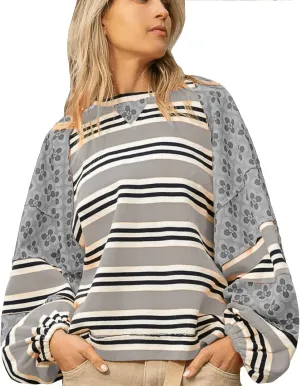 utcoco Oversized Sweatshirt for Women Striped Patchwork Floral Long Sleeve Shirts Hoodies Preppy Tops Y2K Outfits