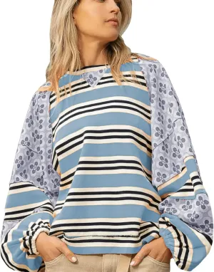 utcoco Oversized Sweatshirt for Women Striped Patchwork Floral Long Sleeve Shirts Hoodies Preppy Tops Y2K Outfits