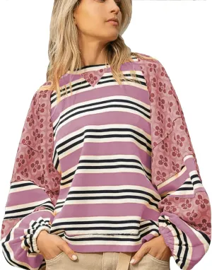 utcoco Oversized Sweatshirt for Women Striped Patchwork Floral Long Sleeve Shirts Hoodies Preppy Tops Y2K Outfits