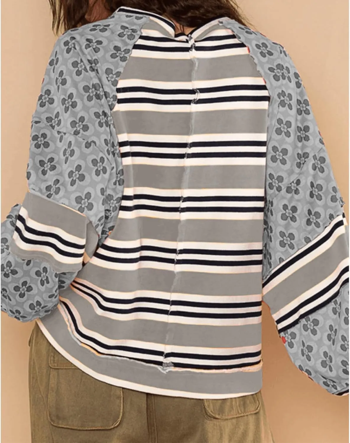 utcoco Oversized Sweatshirt for Women Striped Patchwork Floral Long Sleeve Shirts Hoodies Preppy Tops Y2K Outfits