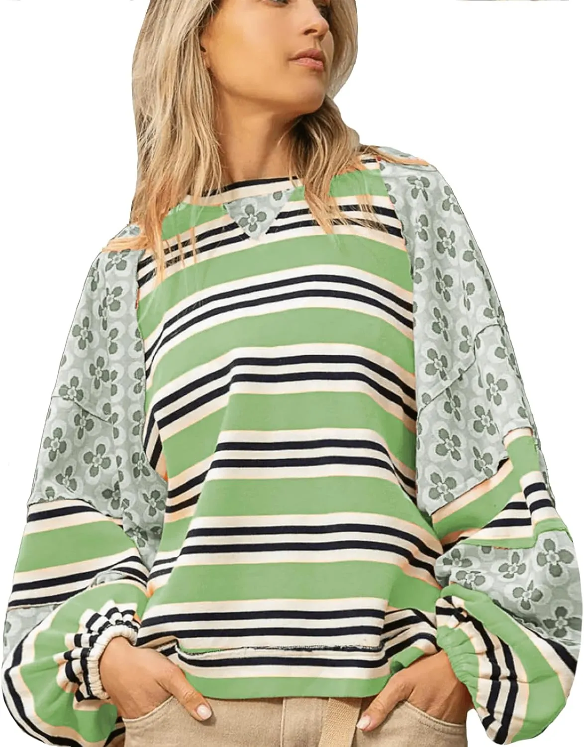 utcoco Oversized Sweatshirt for Women Striped Patchwork Floral Long Sleeve Shirts Hoodies Preppy Tops Y2K Outfits