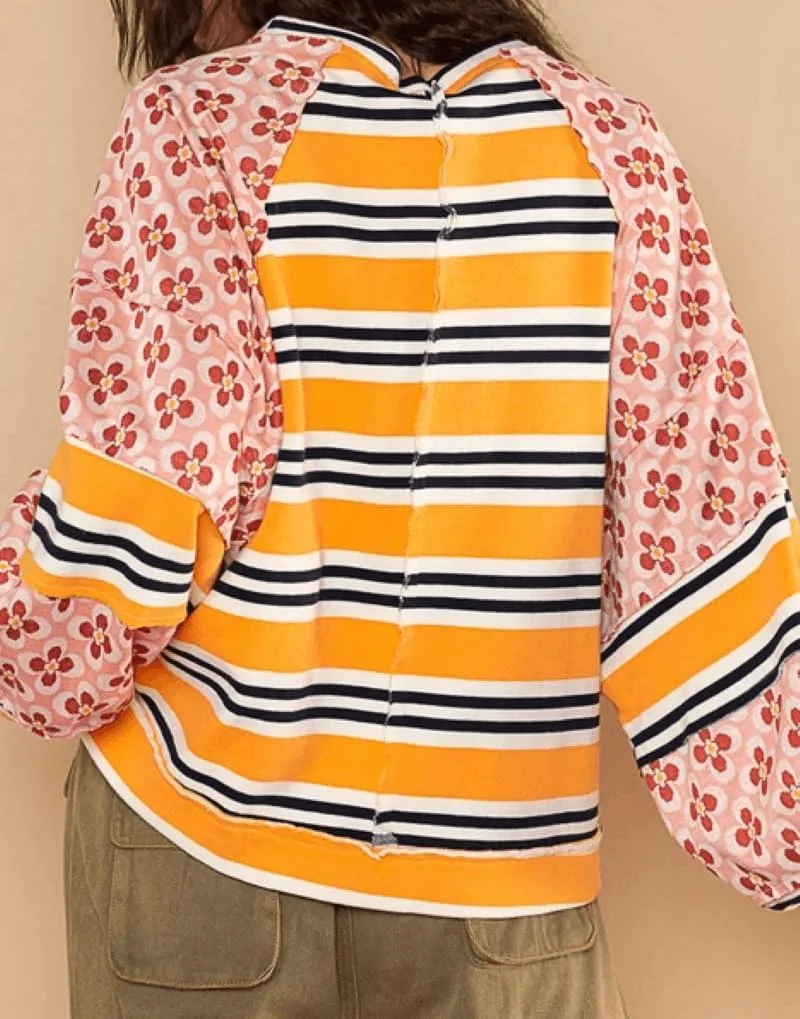 utcoco Oversized Sweatshirt for Women Striped Patchwork Floral Long Sleeve Shirts Hoodies Preppy Tops Y2K Outfits