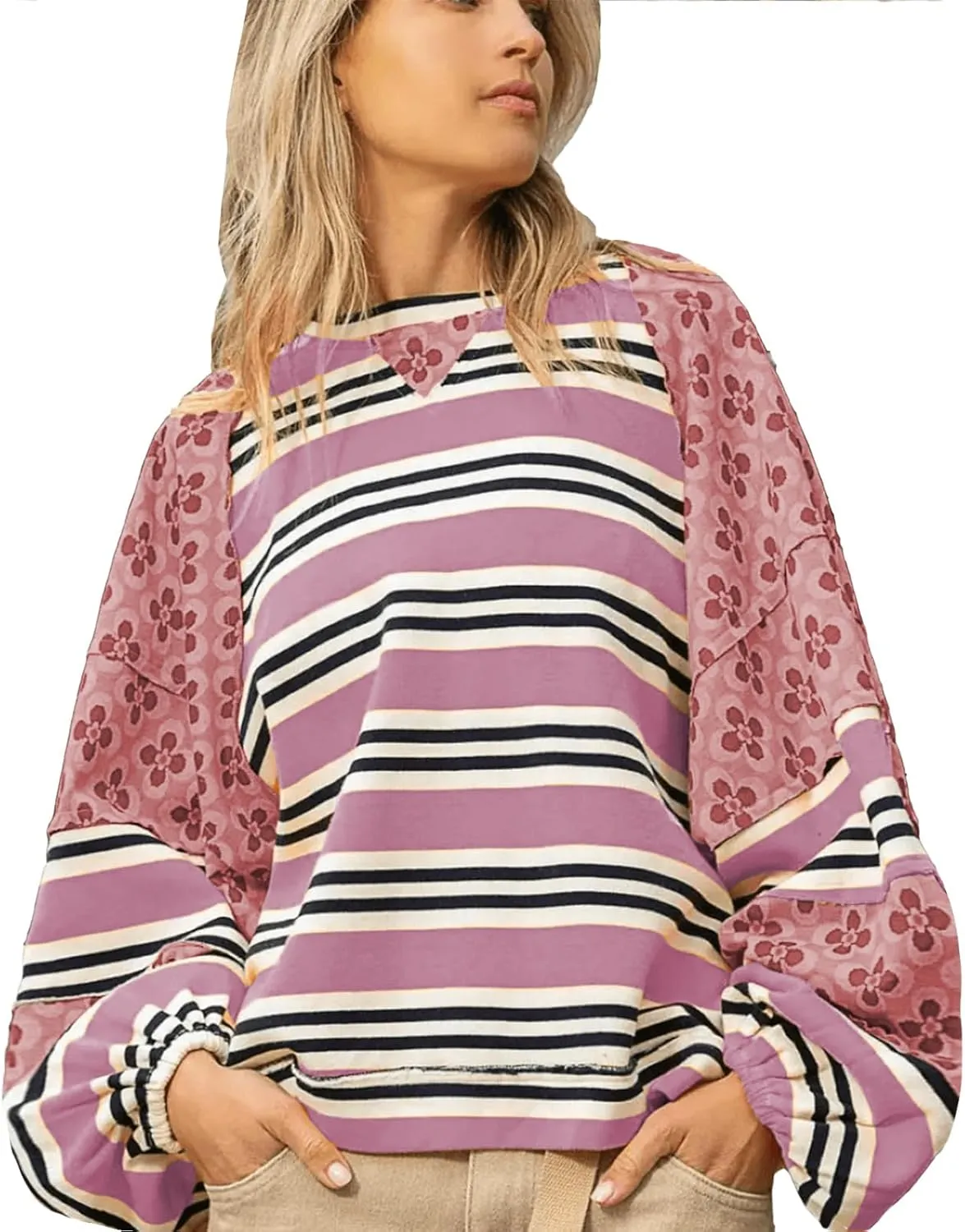 utcoco Oversized Sweatshirt for Women Striped Patchwork Floral Long Sleeve Shirts Hoodies Preppy Tops Y2K Outfits