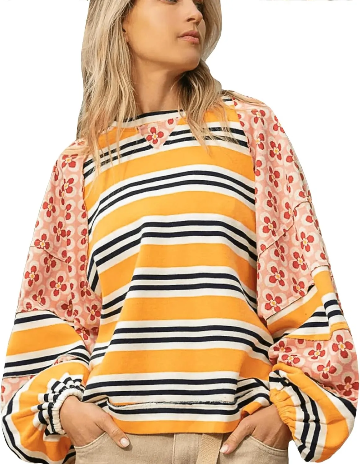 utcoco Oversized Sweatshirt for Women Striped Patchwork Floral Long Sleeve Shirts Hoodies Preppy Tops Y2K Outfits