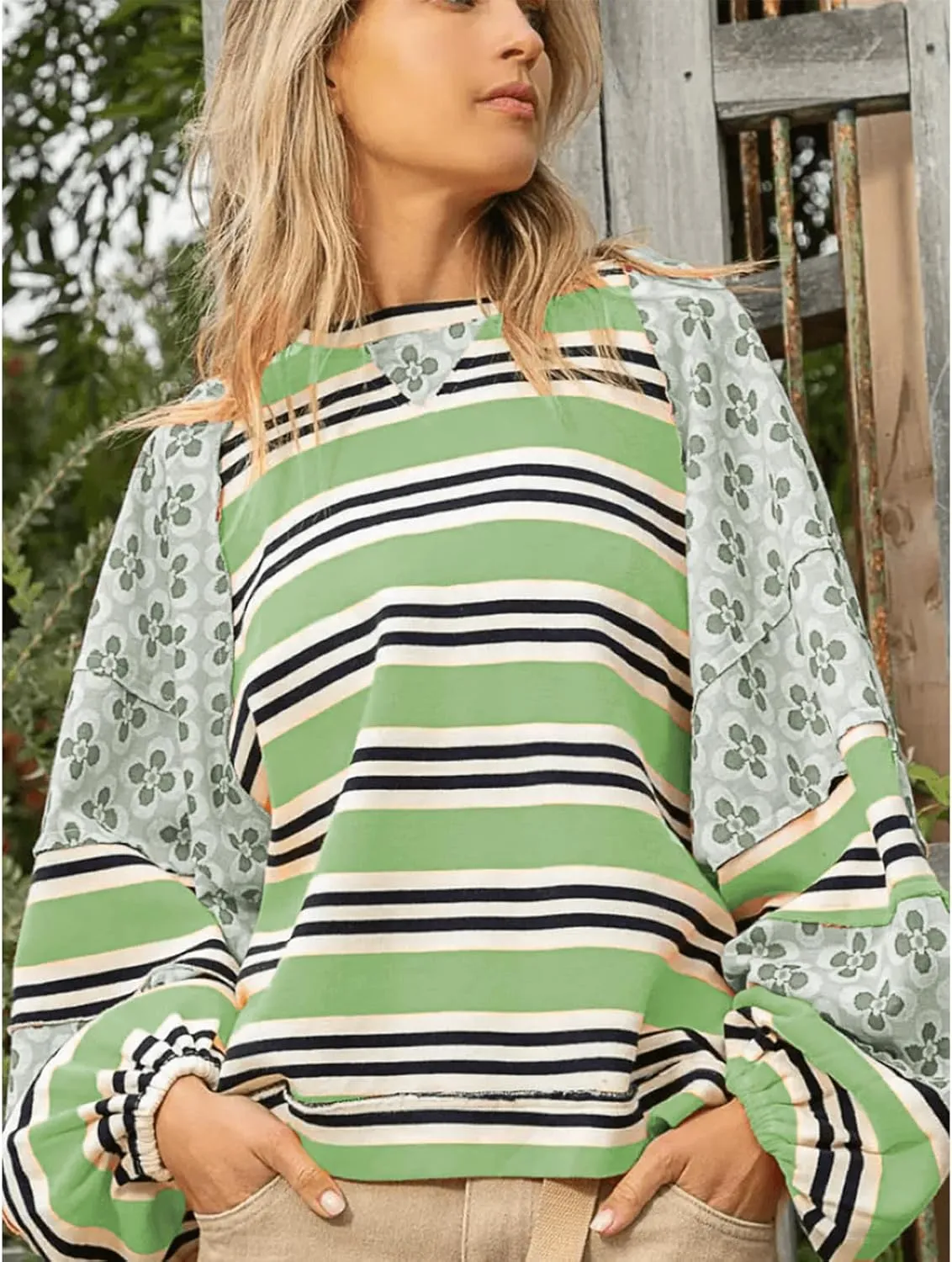 utcoco Oversized Sweatshirt for Women Striped Patchwork Floral Long Sleeve Shirts Hoodies Preppy Tops Y2K Outfits