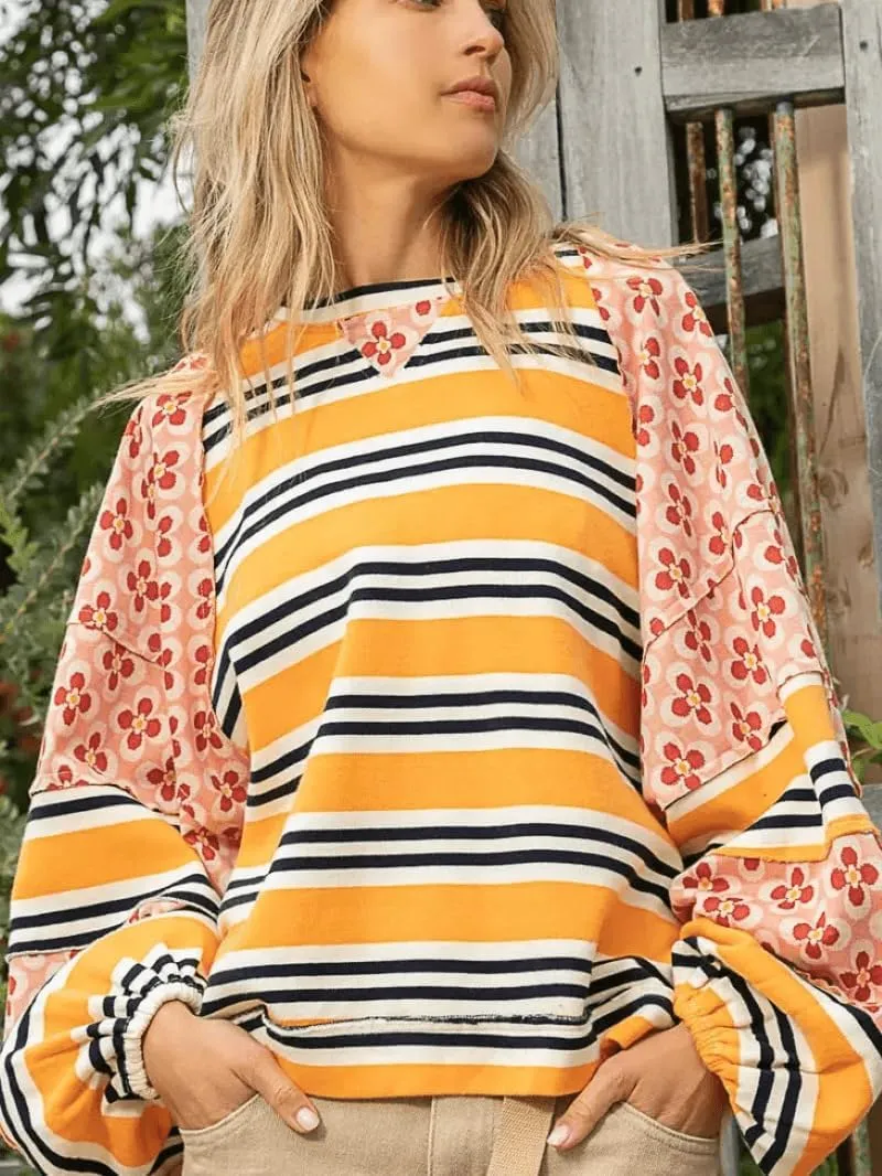 utcoco Oversized Sweatshirt for Women Striped Patchwork Floral Long Sleeve Shirts Hoodies Preppy Tops Y2K Outfits