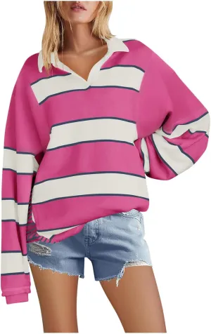 utcoco Oversized Sweatshirt for Women Striped V Neck Long Sleeve Shirts Hoodies Color Block Preppy Y2K Tops