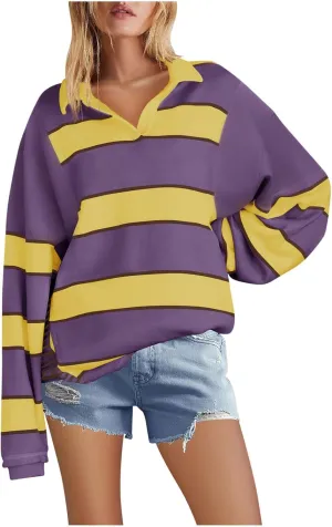 utcoco Oversized Sweatshirt for Women Striped V Neck Long Sleeve Shirts Hoodies Color Block Preppy Y2K Tops