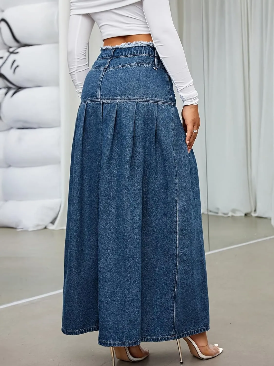 utcoco Womens Retro Midi Denim Skirt High Waist A-line Pleated Long Jean Skirts