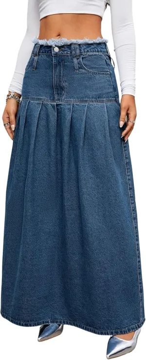 utcoco Womens Retro Midi Denim Skirt High Waist A-line Pleated Long Jean Skirts