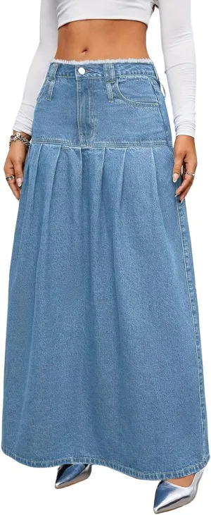 utcoco Womens Retro Midi Denim Skirt High Waist A-line Pleated Long Jean Skirts