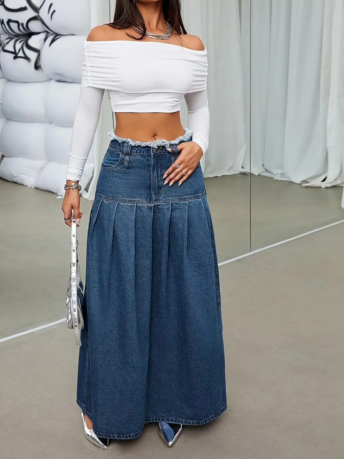 utcoco Womens Retro Midi Denim Skirt High Waist A-line Pleated Long Jean Skirts
