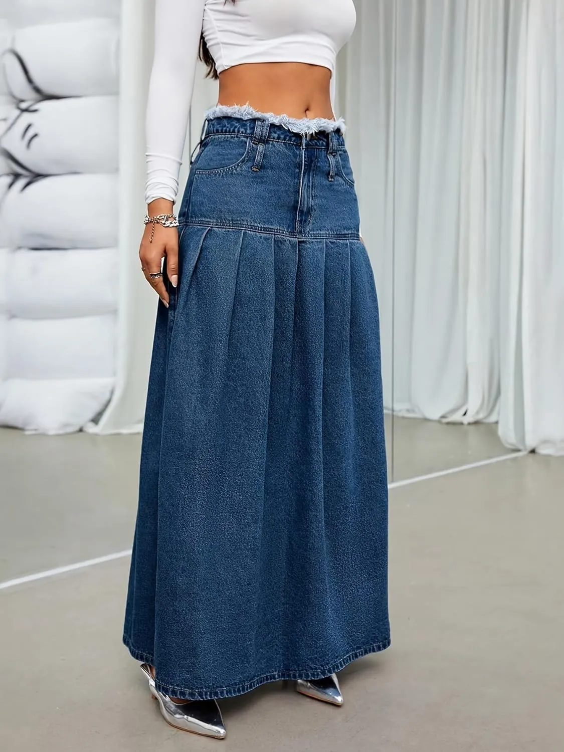 utcoco Womens Retro Midi Denim Skirt High Waist A-line Pleated Long Jean Skirts
