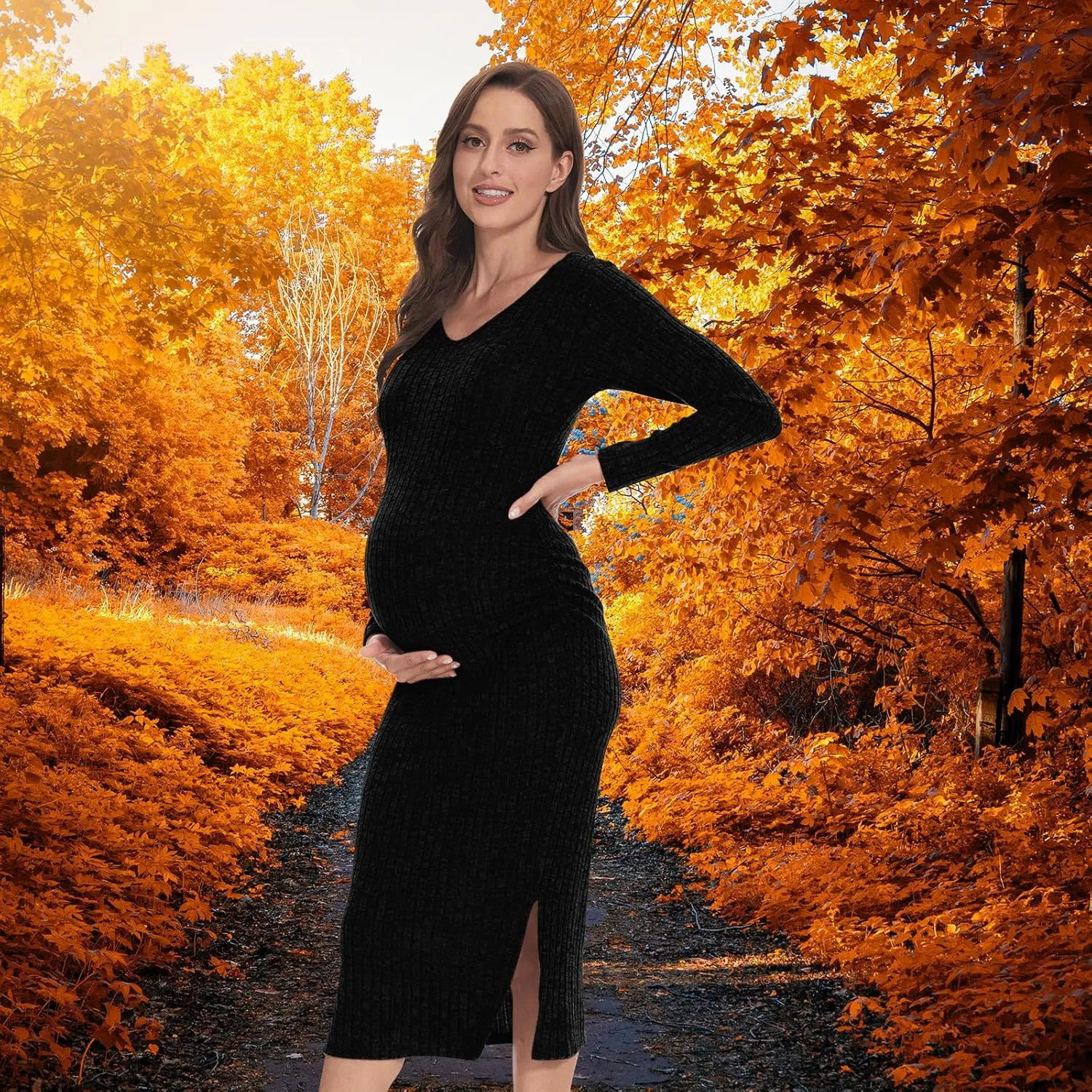 V Neck Side Ruch Knit Ribbed Maternity Bodycon DressMaternity Dress for Baby Shower