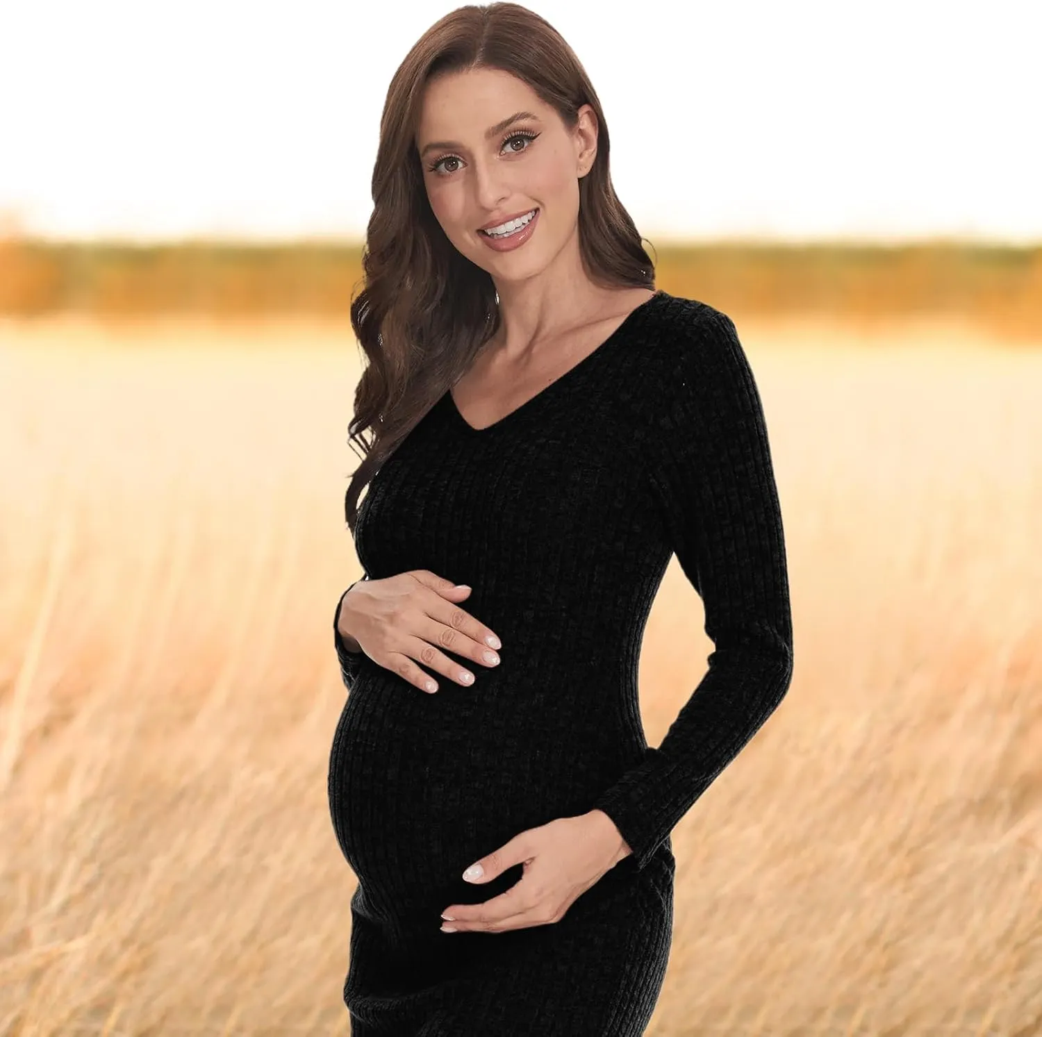 V Neck Side Ruch Knit Ribbed Maternity Bodycon DressMaternity Dress for Baby Shower