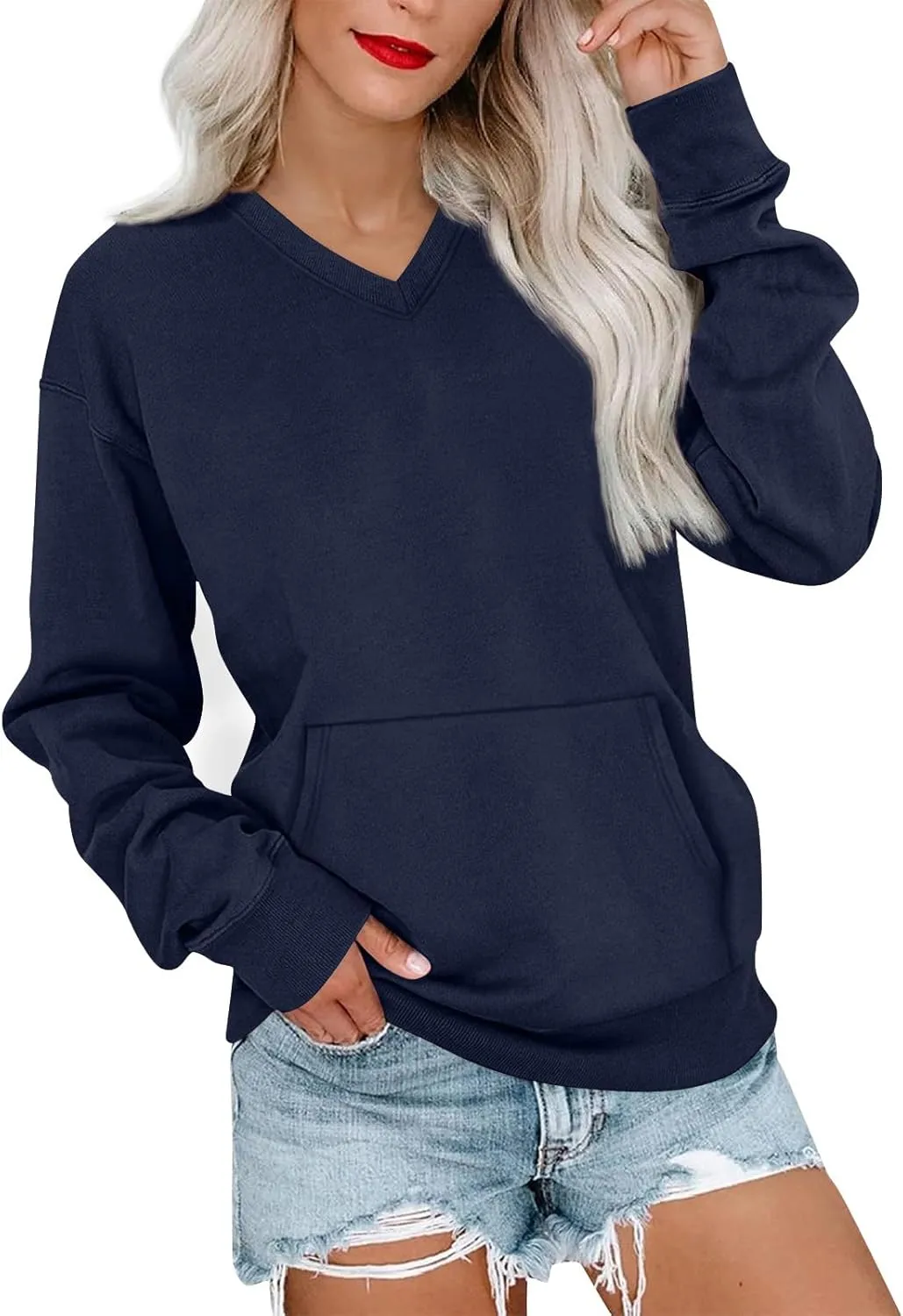 V Neck Sweatshirt Women No Hood Pocket Oversized Comfy Hoodie Y2k Soft Plain Fleece Pullover Cute Sweatshirts