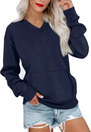 V Neck Sweatshirt Women No Hood Pocket Oversized Comfy Hoodie Y2k Soft Plain Fleece Pullover Cute Sweatshirts