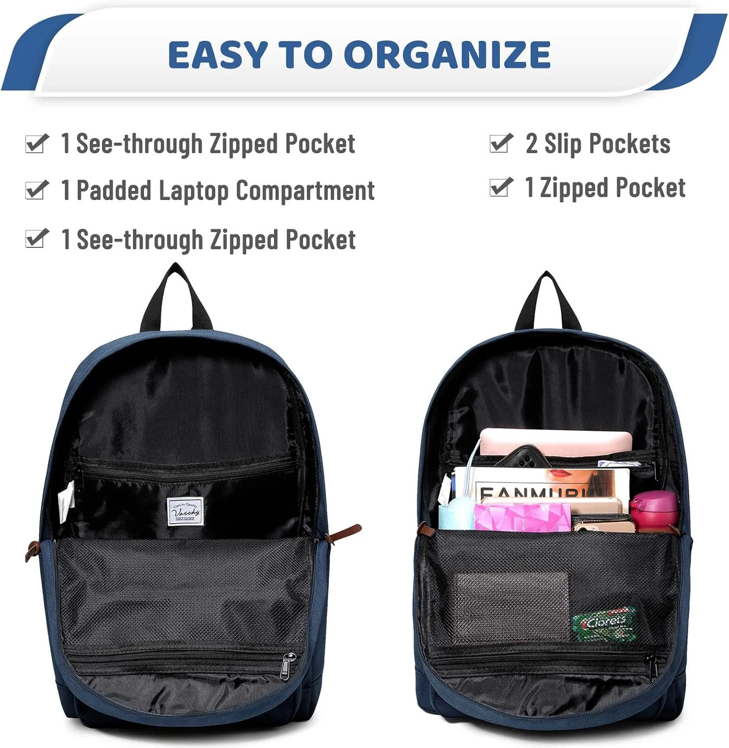VASCHY School Backpack, Water Resistant Lightweight Casual Backpack for Men Women with Padded Laptop Sleeve Navy Blue