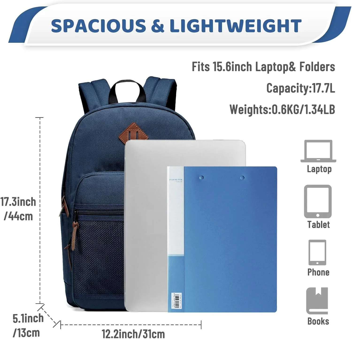 VASCHY School Backpack, Water Resistant Lightweight Casual Backpack for Men Women with Padded Laptop Sleeve Navy Blue