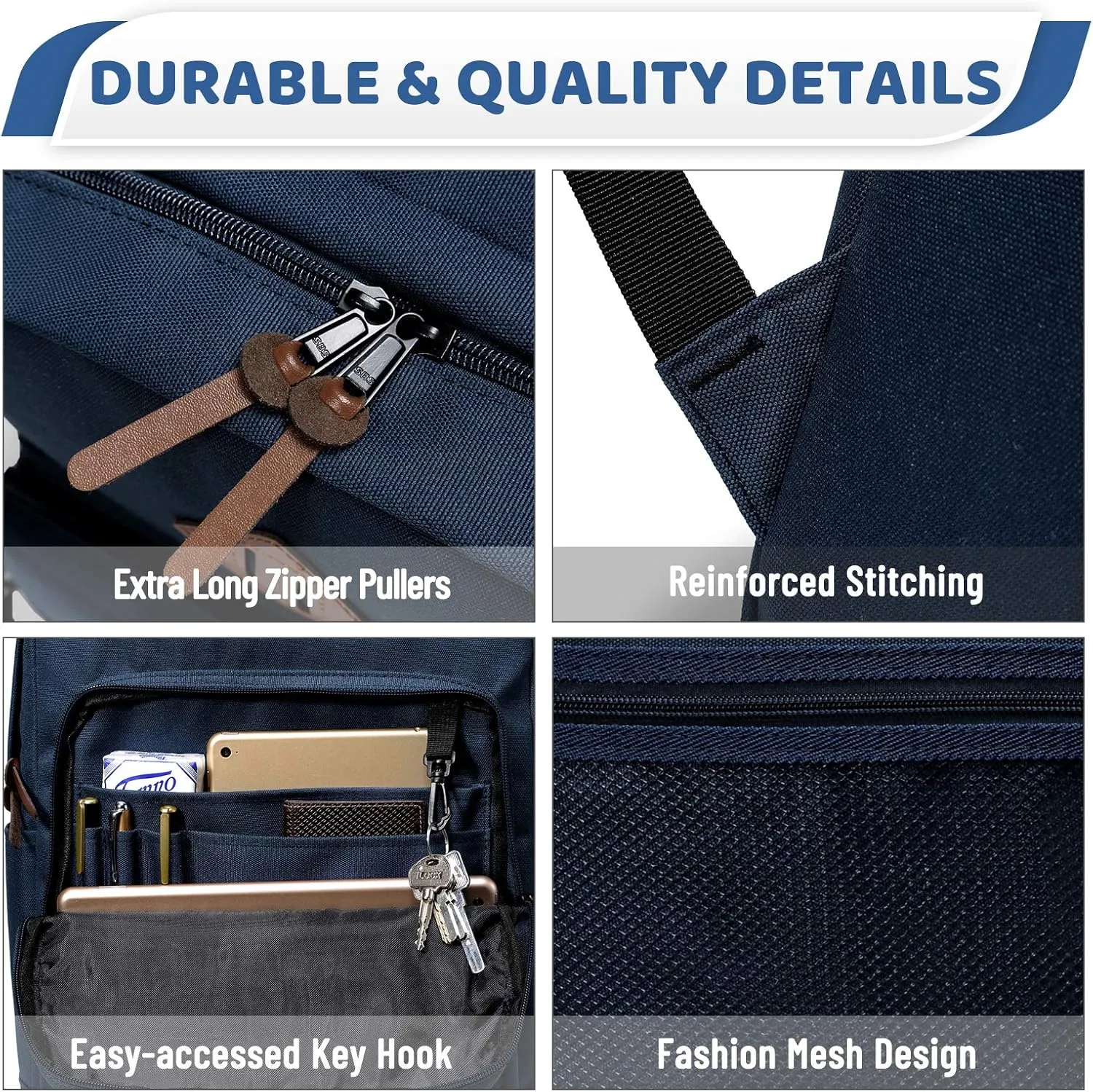VASCHY School Backpack, Water Resistant Lightweight Casual Backpack for Men Women with Padded Laptop Sleeve Navy Blue