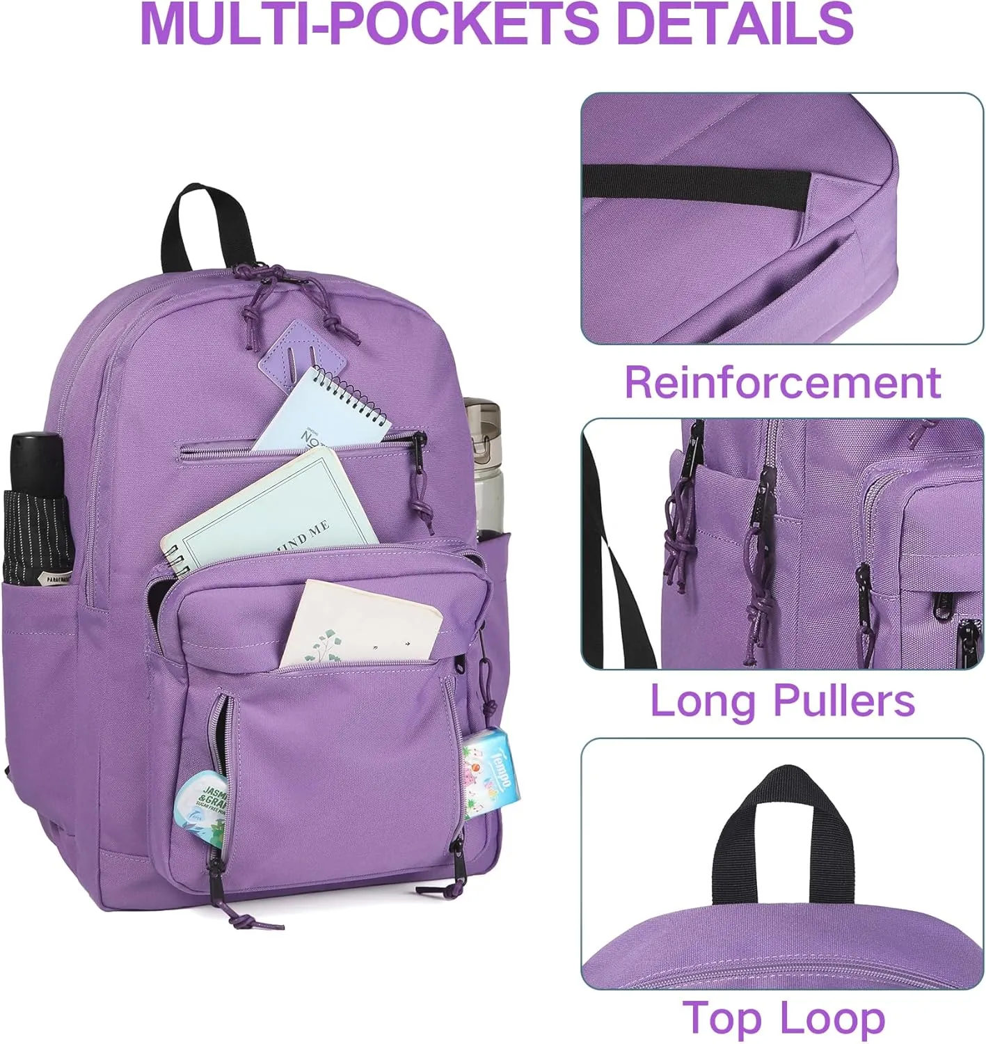 VASCHY School Backpack,Lightweight Water Resistant Daypack Bookbag for High School Teen Girl/College/Work/Women Purple