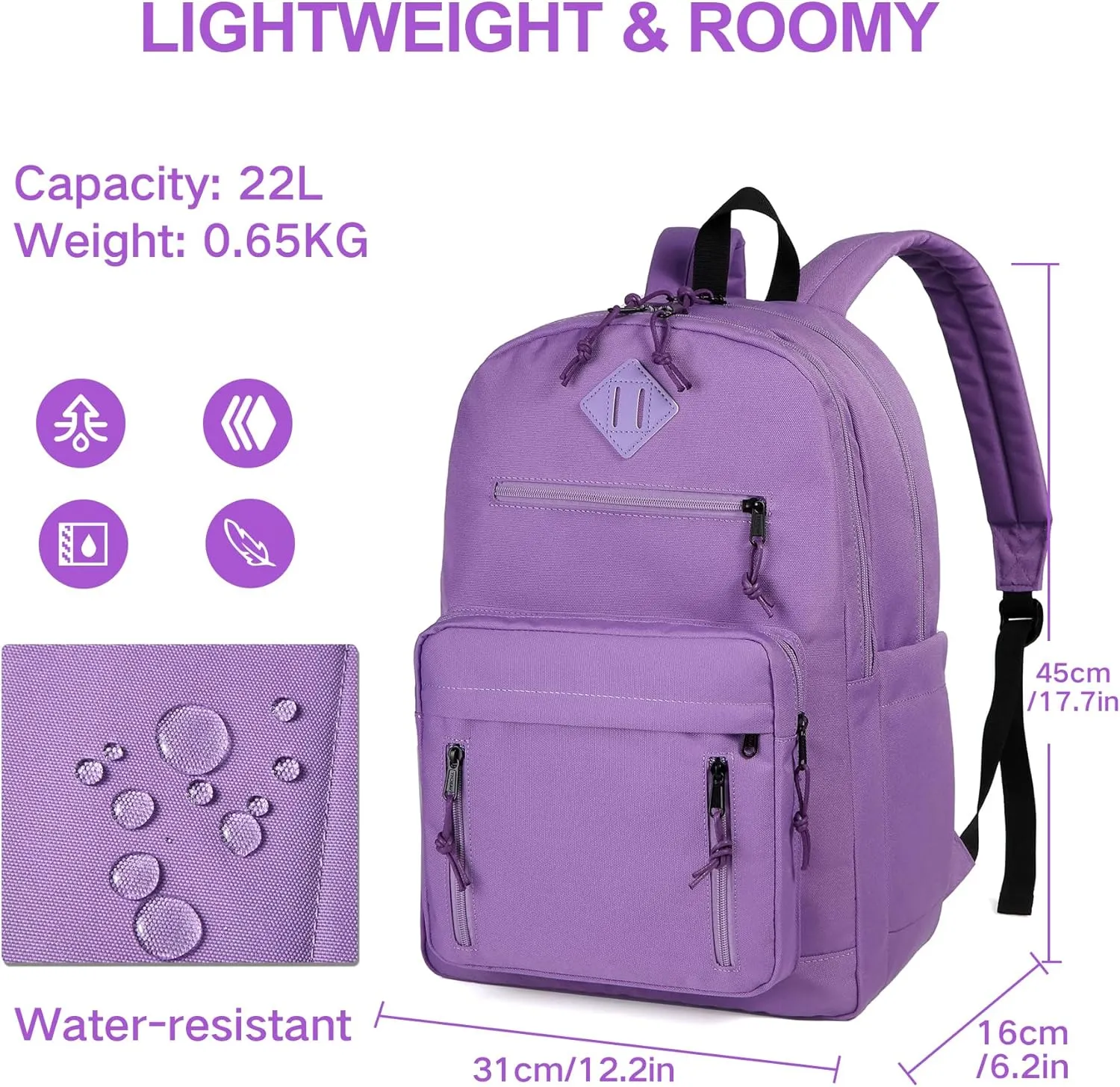 VASCHY School Backpack,Lightweight Water Resistant Daypack Bookbag for High School Teen Girl/College/Work/Women Purple