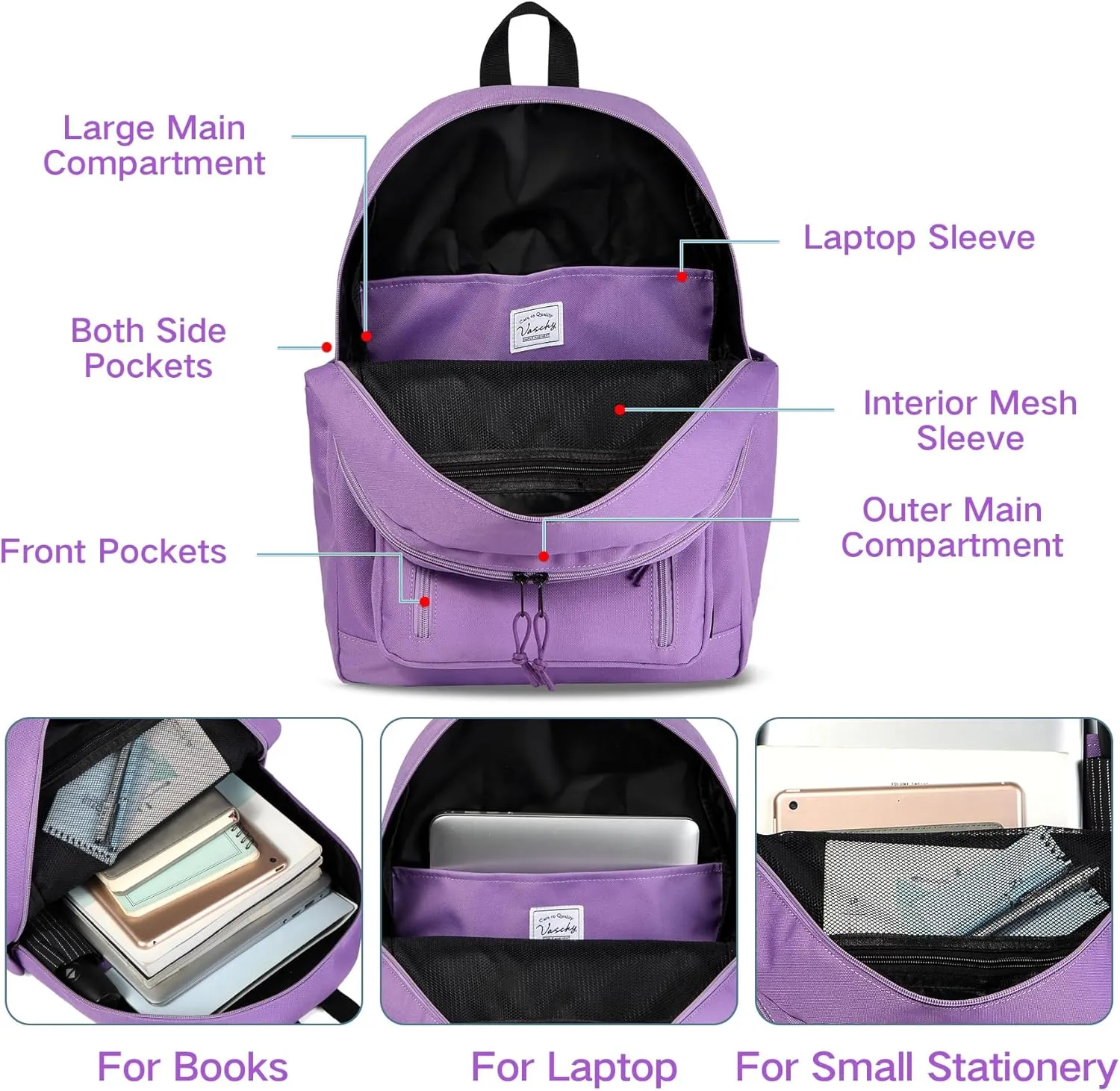 VASCHY School Backpack,Lightweight Water Resistant Daypack Bookbag for High School Teen Girl/College/Work/Women Purple