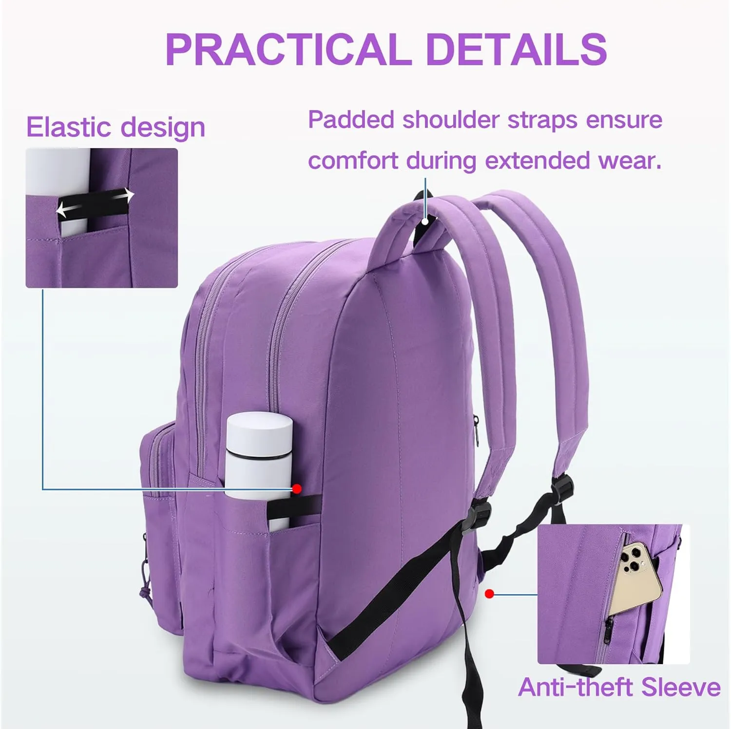 VASCHY School Backpack,Lightweight Water Resistant Daypack Bookbag for High School Teen Girl/College/Work/Women Purple