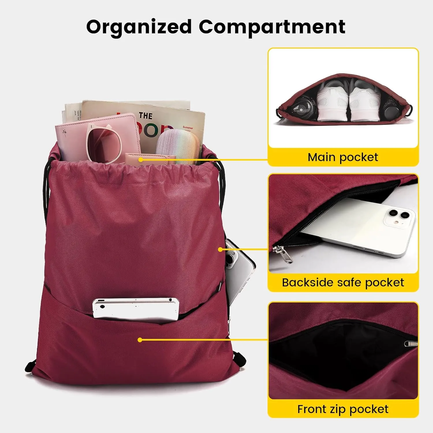 Vorspack Drawstring Backpack Water Resistant String Bag Sports Sackpack Gym Sack with Side Pocket for Men Women