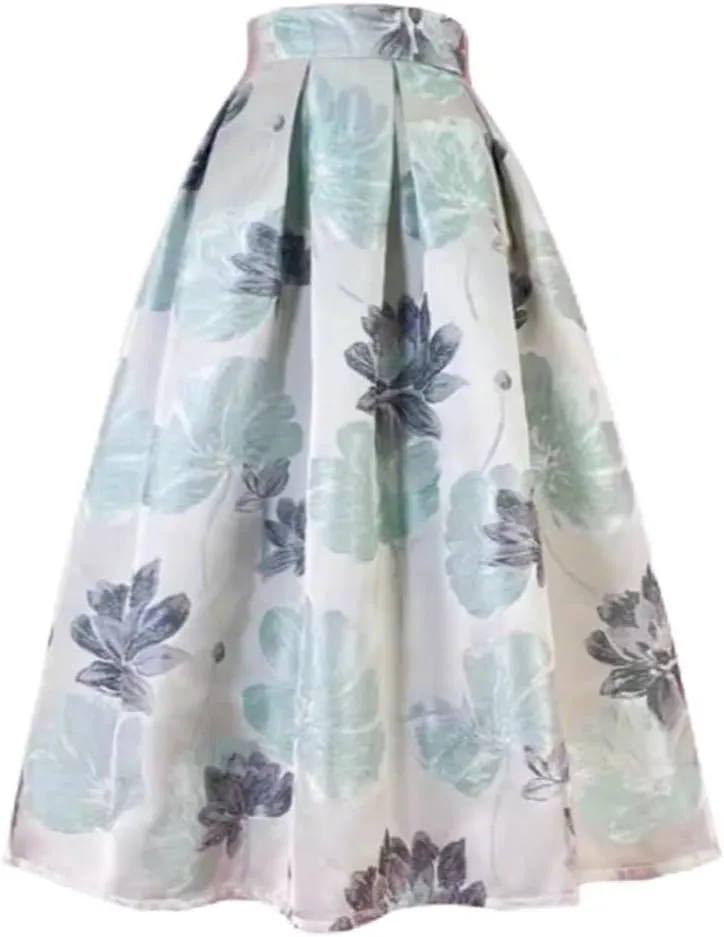 Vsadsau Women Elegant High Waist Skirt Long Pleated Midi Skirt Aesthetic Light Floral Printed Jacquard