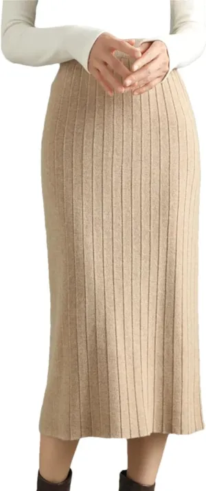 Vsadsau Women Wool Pleated Skirt High Waist Office Lady Skirt Merino Wool Solid Knee-Length Skirt