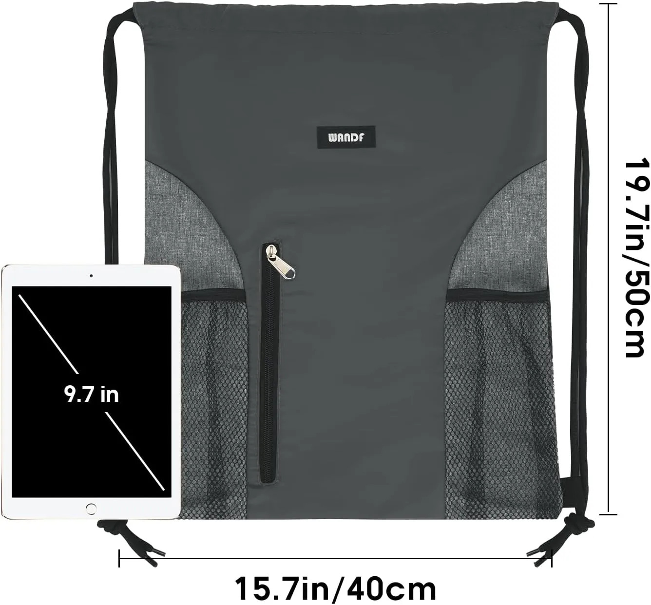WANDF Drawstring Backpack Sports Gym Sackpack with Mesh Pockets Water Resistant String Bag for Women Men (Grey)