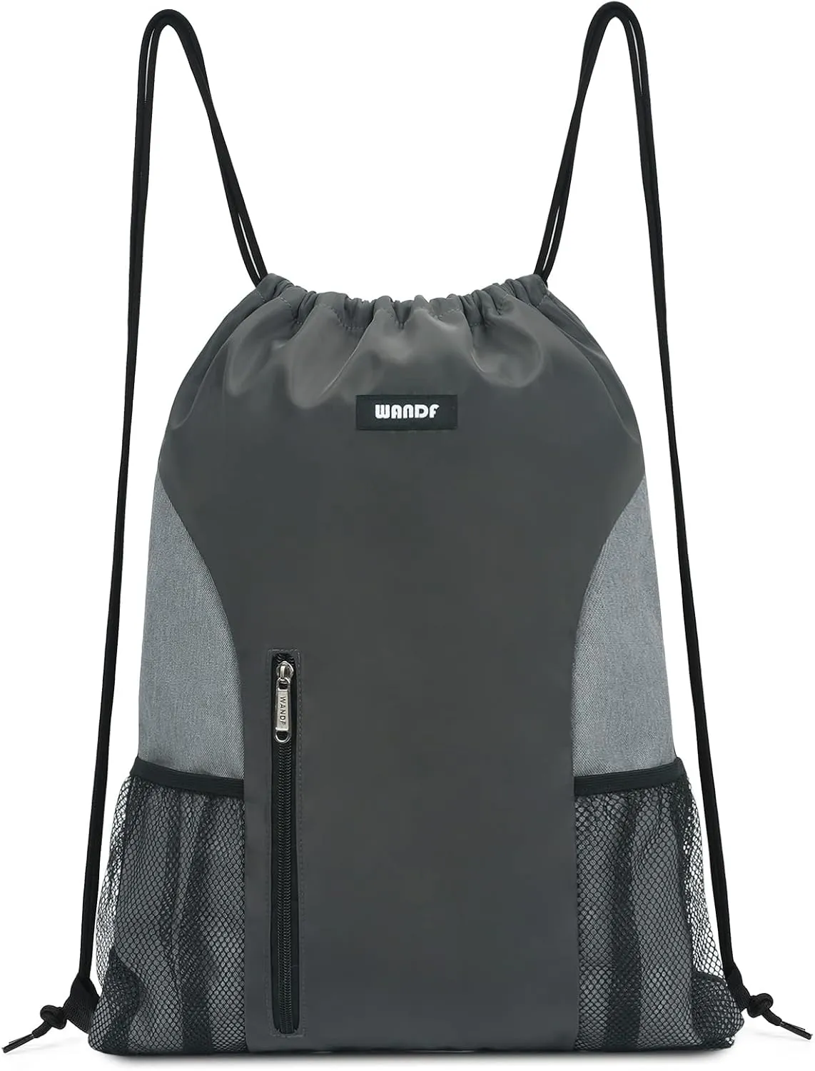 WANDF Drawstring Backpack Sports Gym Sackpack with Mesh Pockets Water Resistant String Bag for Women Men (Grey)