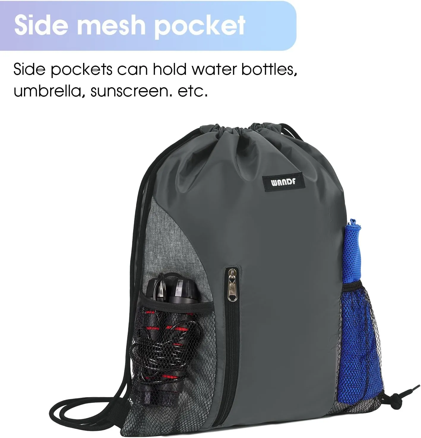 WANDF Drawstring Backpack Sports Gym Sackpack with Mesh Pockets Water Resistant String Bag for Women Men (Grey)
