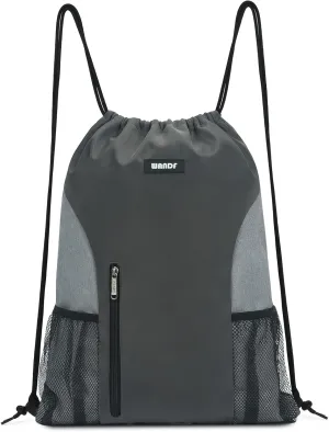 WANDF Drawstring Backpack Sports Gym Sackpack with Mesh Pockets Water Resistant String Bag for Women Men (Grey)