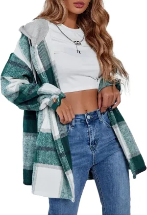 Wanzetaly Womens Hooded Shacket Jacket Color Block Casual Flannel Plaid Wool Blend Button Down Shirt with Pockets