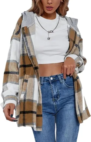 Wanzetaly Womens Hooded Shacket Jacket Color Block Casual Flannel Plaid Wool Blend Button Down Shirt with Pockets