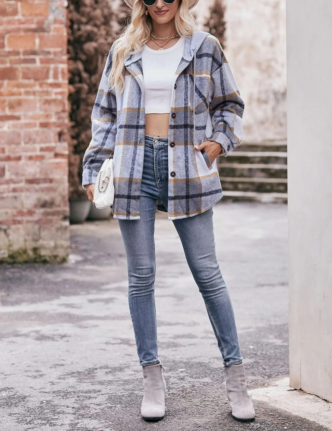 Wanzetaly Womens Hooded Shacket Jacket Color Block Casual Flannel Plaid Wool Blend Button Down Shirt with Pockets