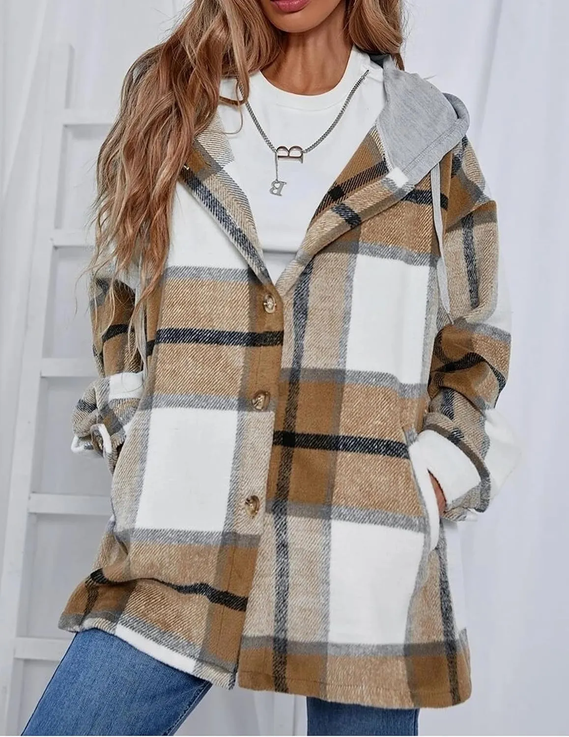 Wanzetaly Womens Hooded Shacket Jacket Color Block Casual Flannel Plaid Wool Blend Button Down Shirt with Pockets
