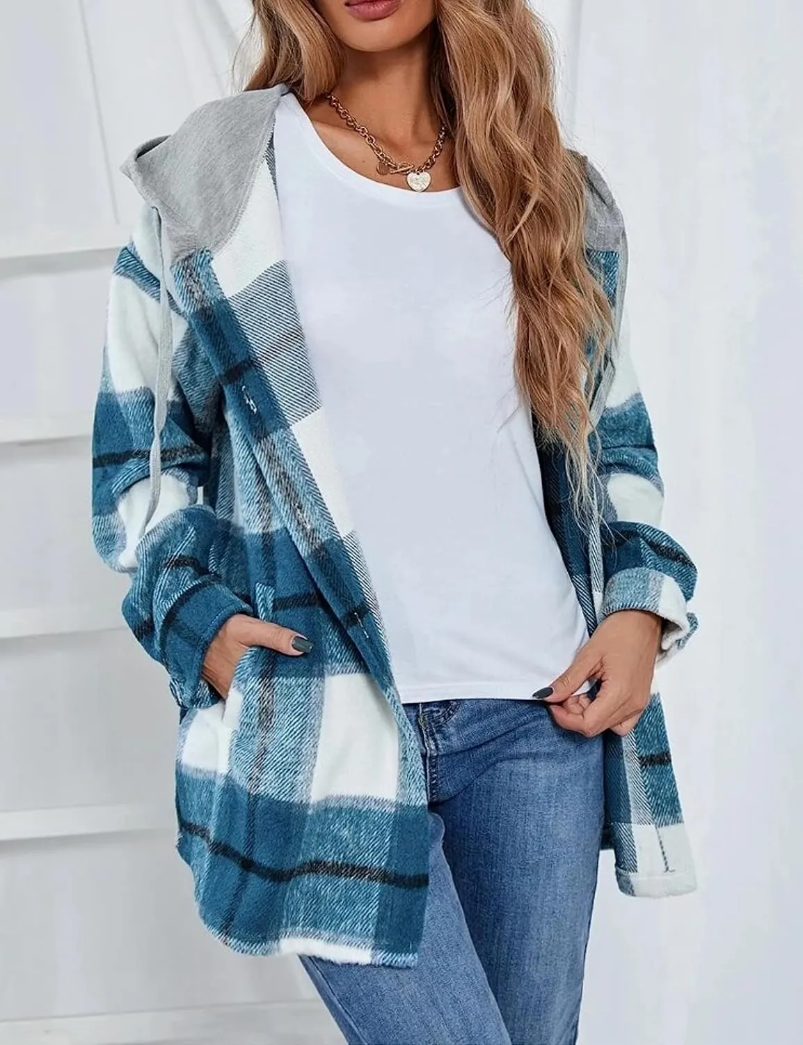 Wanzetaly Womens Hooded Shacket Jacket Color Block Casual Flannel Plaid Wool Blend Button Down Shirt with Pockets