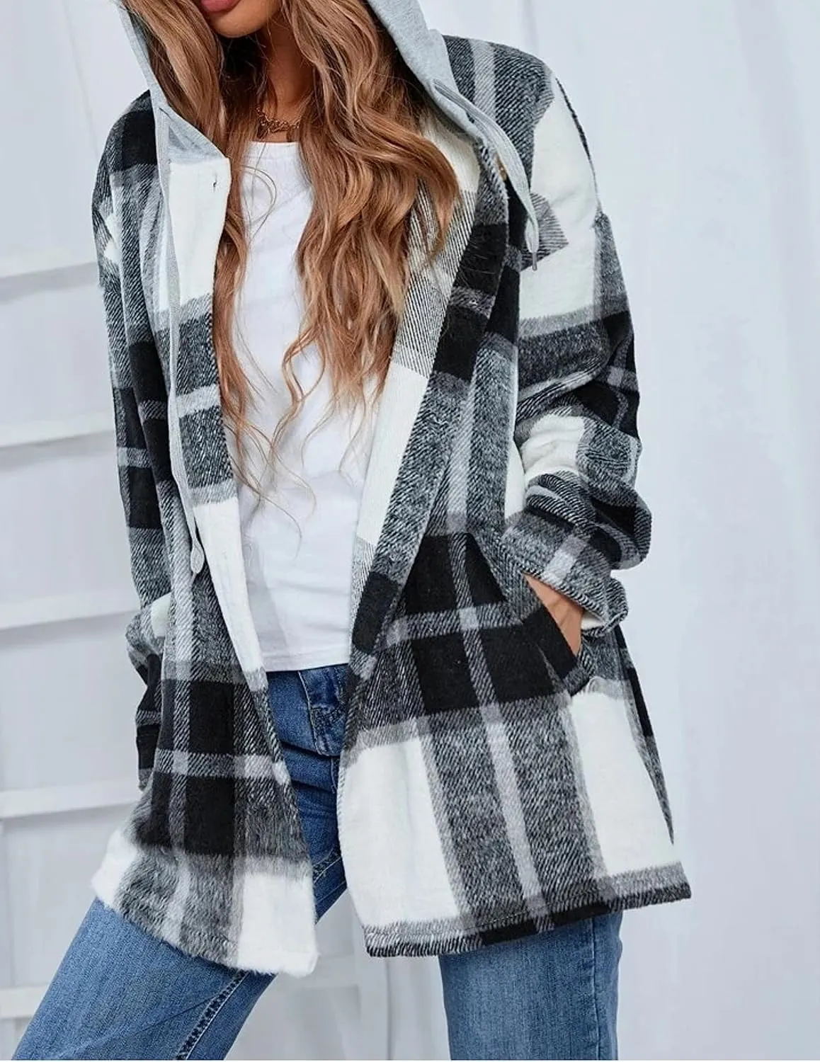 Wanzetaly Womens Hooded Shacket Jacket Color Block Casual Flannel Plaid Wool Blend Button Down Shirt with Pockets