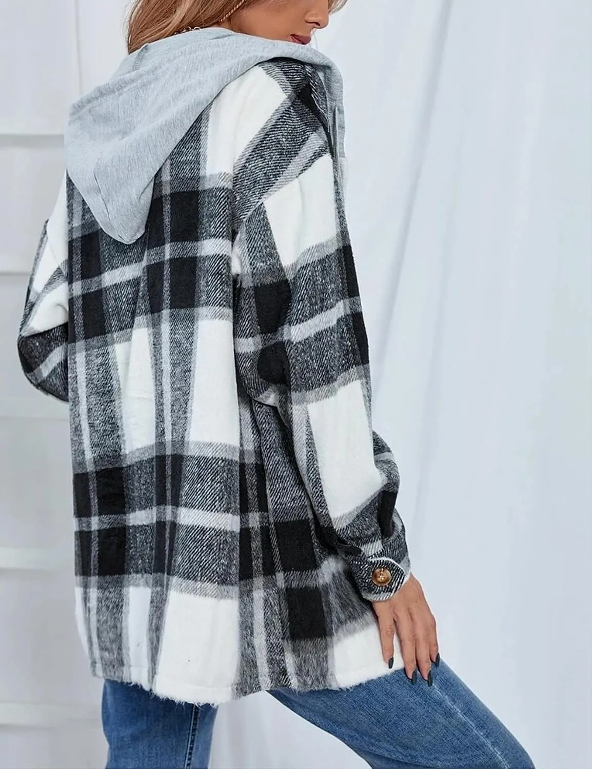 Wanzetaly Womens Hooded Shacket Jacket Color Block Casual Flannel Plaid Wool Blend Button Down Shirt with Pockets