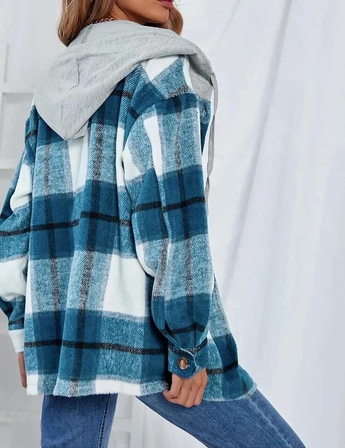 Wanzetaly Womens Hooded Shacket Jacket Color Block Casual Flannel Plaid Wool Blend Button Down Shirt with Pockets